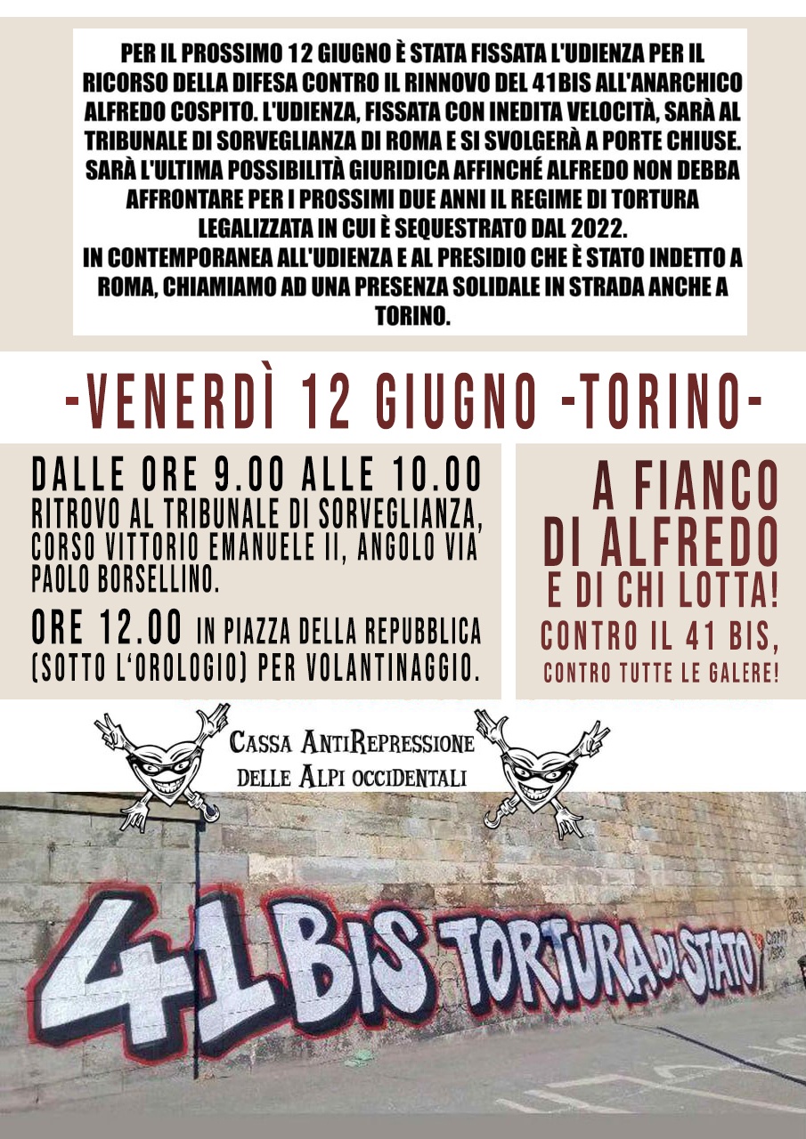 [2026-06-12] Contro il 41-bis! A fianco di Alfredo! (cambio luogo di ritrovo!) @ Torino