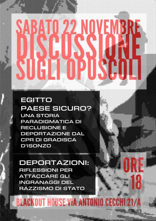 [2025-11-22] DISCUSSIONE OPUSCOLI "Egitto paese sicuro?" e "Deportazioni" @ Radio Blackout