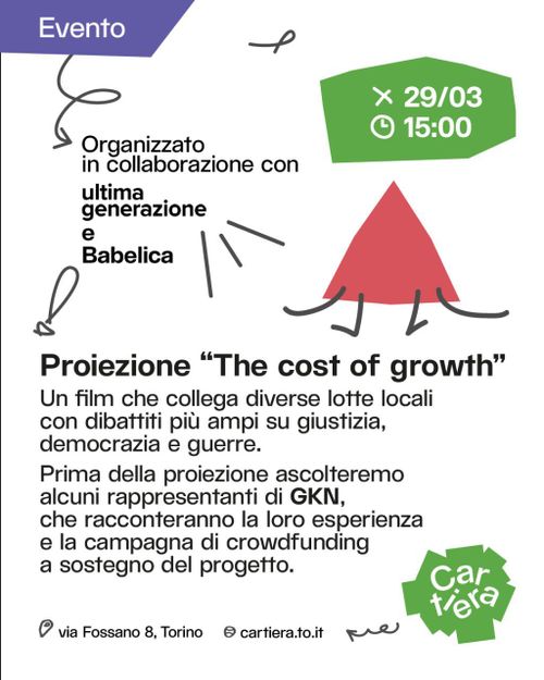 Proiezione "The cost of growth",
Domenica 29 Marzo alle 15:00,
Organizzato in collaborazione con Ultima Generazione e Babelica
