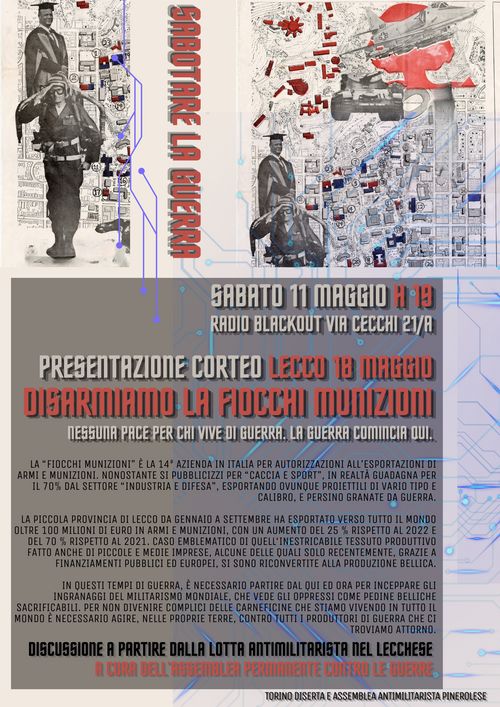 Presentazione corteo DISARMIAMO LA FIOCCHI MUNIZIONI (Lecco, 18 maggio)