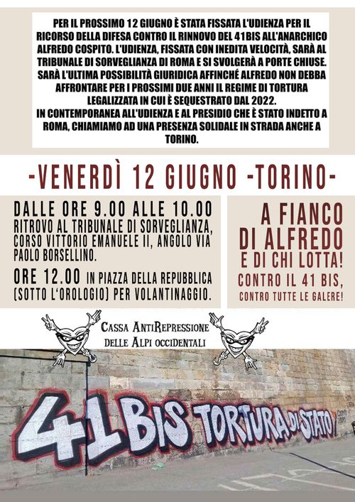 Contro il 41-bis! A fianco di Alfredo! (cambio luogo di ritrovo!)