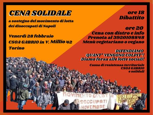 CENA SOLIDALE a supporto del movimento di lotta dei disoccupati di Napoli