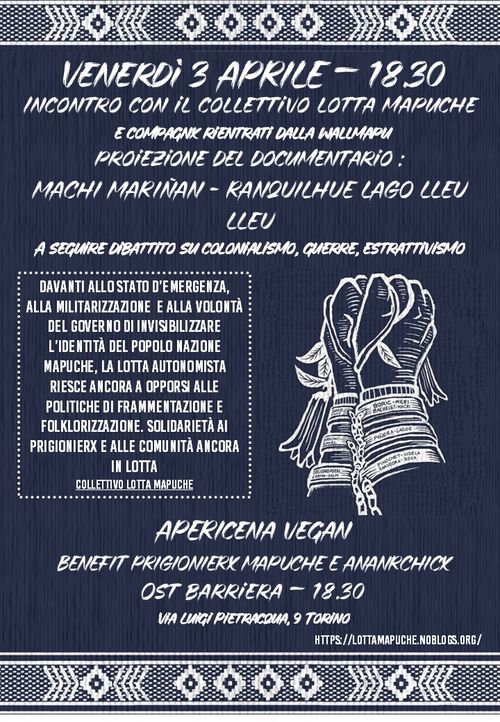 INCONTRO CON IL COLLETTIVO "LOTTA MAPUCHE" E PROIEZIONE DEL DOCUMENTARIO "MACHI MARIÑAN - RANQUILHUE LAGO LLEU LLEU" E DIBATTITO