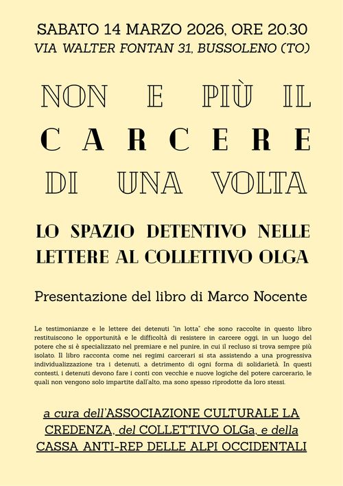 Presentazione del libro di Marco Nocente: Non è più il carcere di una volta. Lo spazio detentivo nelle lettere al Collettivo OLGa.